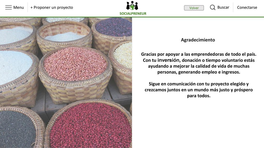 Buscar Menu. Conectarse. + Proponer un proyecto. SOCIALPRENEUR. Volver. Agradecimiento.