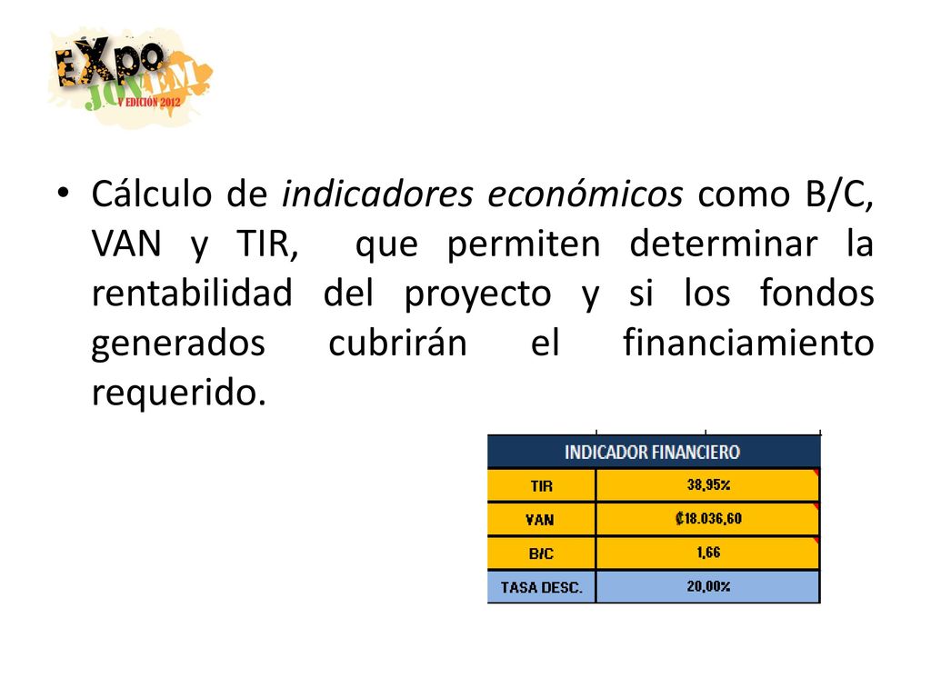 Cálculo de indicadores económicos como B/C, VAN y TIR, que permiten determinar la rentabilidad del proyecto y si los fondos generados cubrirán el financiamiento requerido.