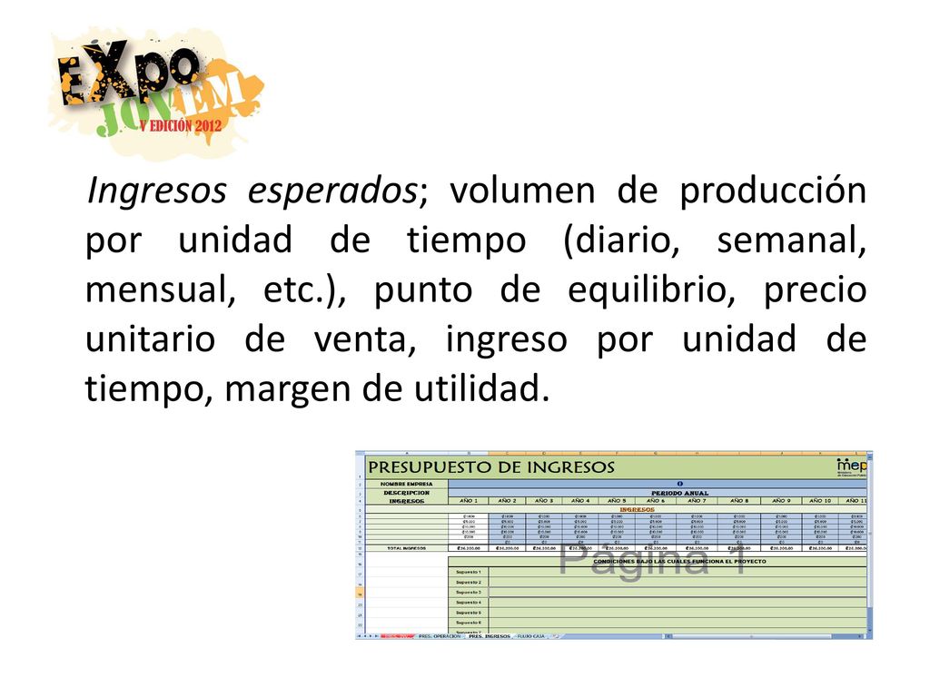 Ingresos esperados; volumen de producción por unidad de tiempo (diario, semanal, mensual, etc.), punto de equilibrio, precio unitario de venta, ingreso por unidad de tiempo, margen de utilidad.