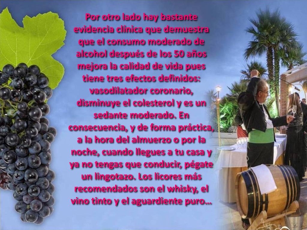 Por otro lado hay bastante evidencia clínica que demuestra que el consumo moderado de alcohol después de los 50 años mejora la calidad de vida pues tiene tres efectos definidos: vasodilatador coronario, disminuye el colesterol y es un sedante moderado. En consecuencia, y de forma práctica, a la hora del almuerzo o por la noche, cuando llegues a tu casa y ya no tengas que conducir, pégate un lingotazo. Los licores más recomendados son el whisky, el vino tinto y el aguardiente puro…