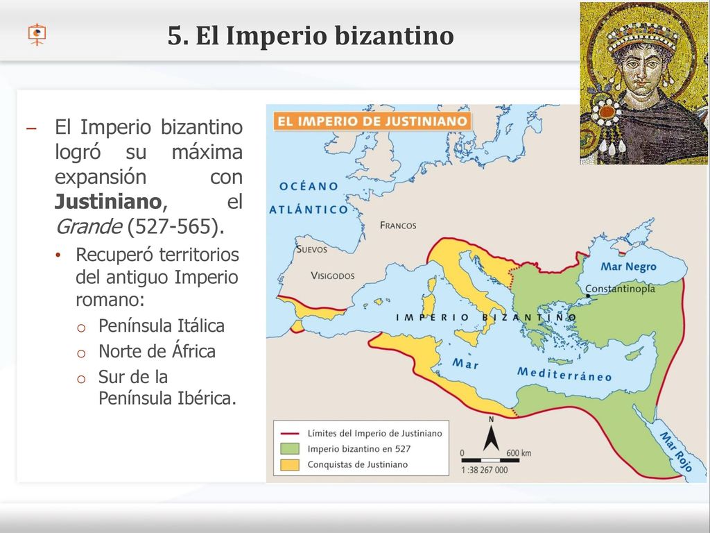 5. El Imperio bizantino El Imperio bizantino logró su máxima expansión con Justiniano, el Grande ( ).