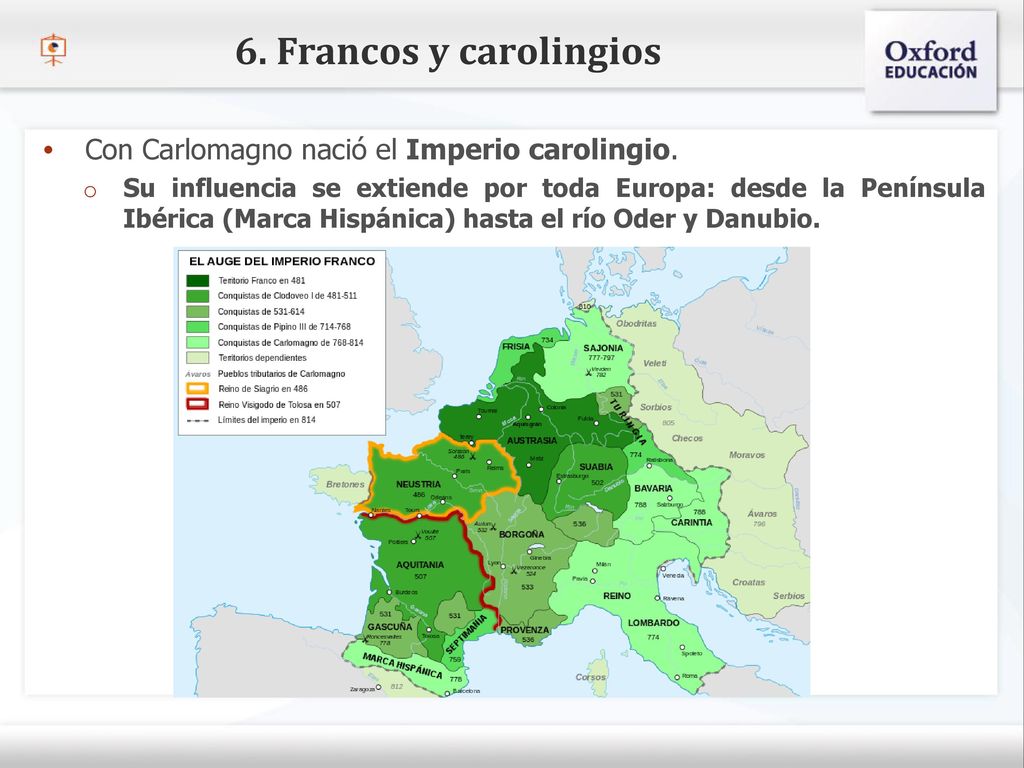 6. Francos y carolingios Con Carlomagno nació el Imperio carolingio.