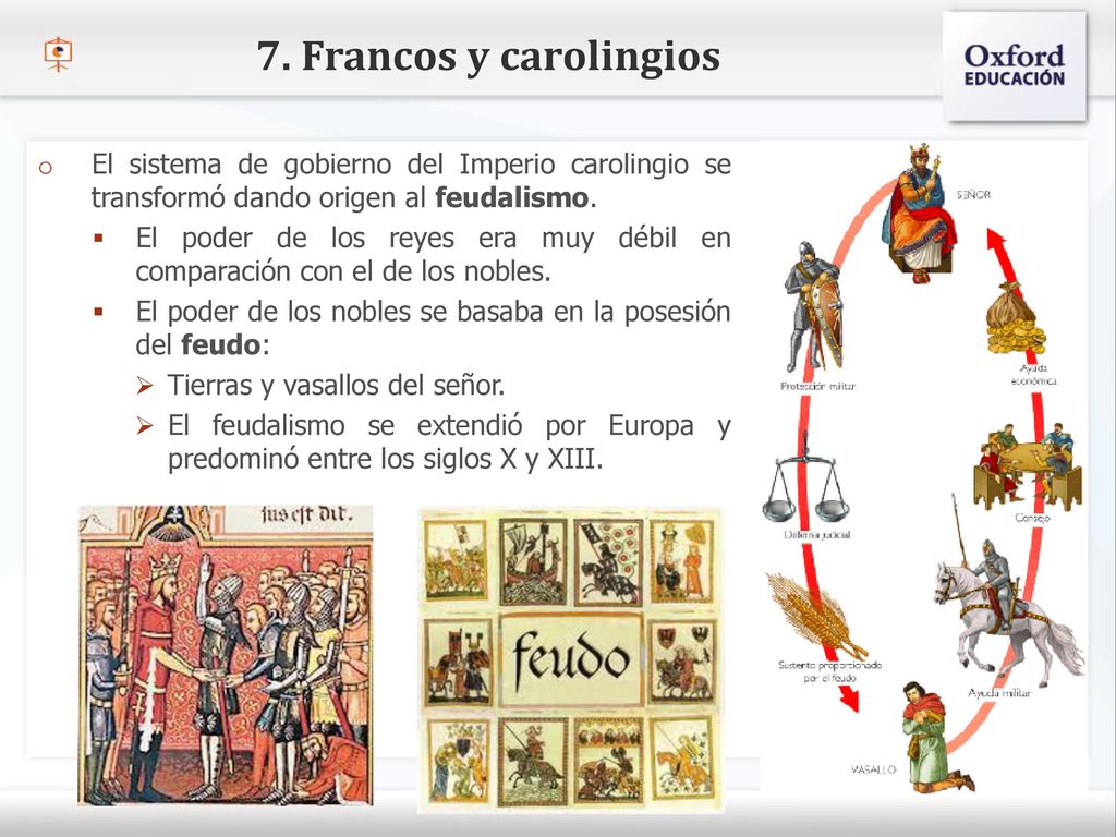 7. Francos y carolingios El sistema de gobierno del Imperio carolingio se transformó dando origen al feudalismo.