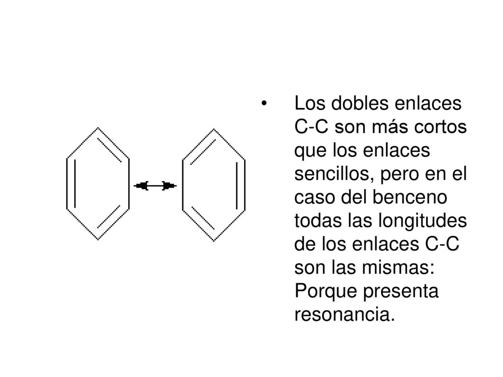 Los dobles enlaces C-C son más cortos que los enlaces sencillos, pero en el caso del benceno todas las longitudes de los enlaces C-C son las mismas: Porque presenta resonancia.