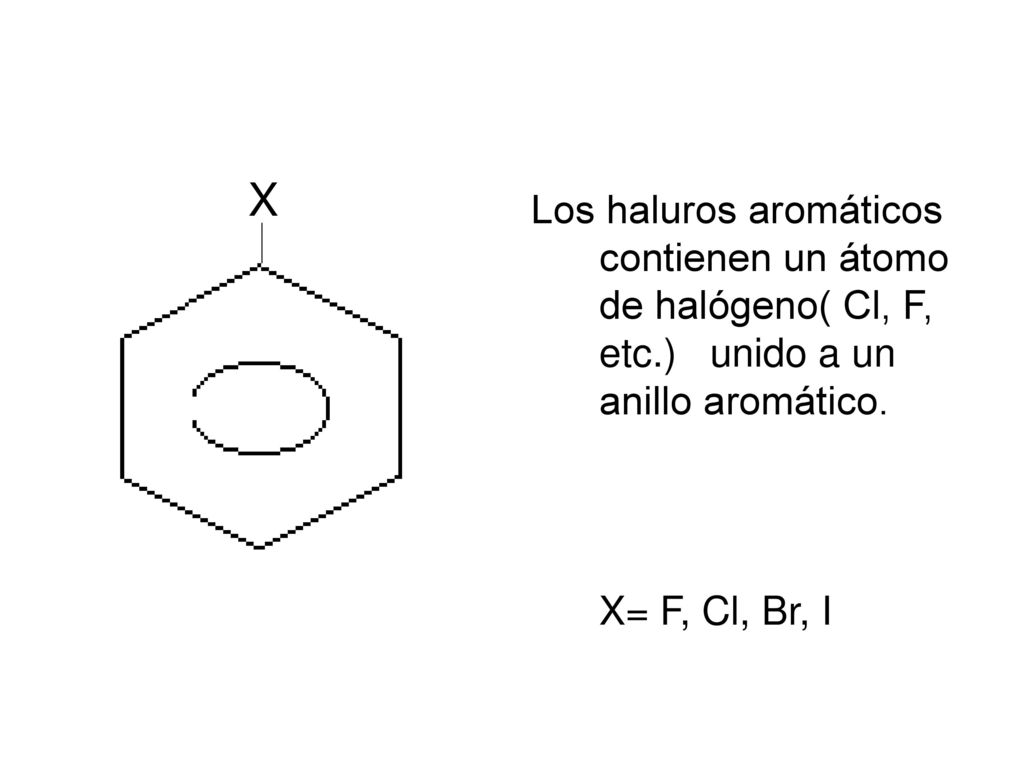 X Los haluros aromáticos contienen un átomo de halógeno( Cl, F, etc.) unido a un anillo aromático.