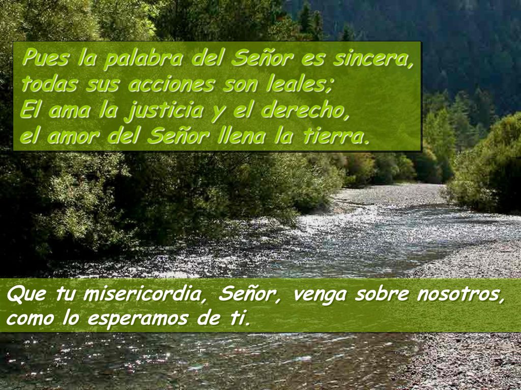 Pues la palabra del Señor es sincera, todas sus acciones son leales; El ama la justicia y el derecho, el amor del Señor llena la tierra.