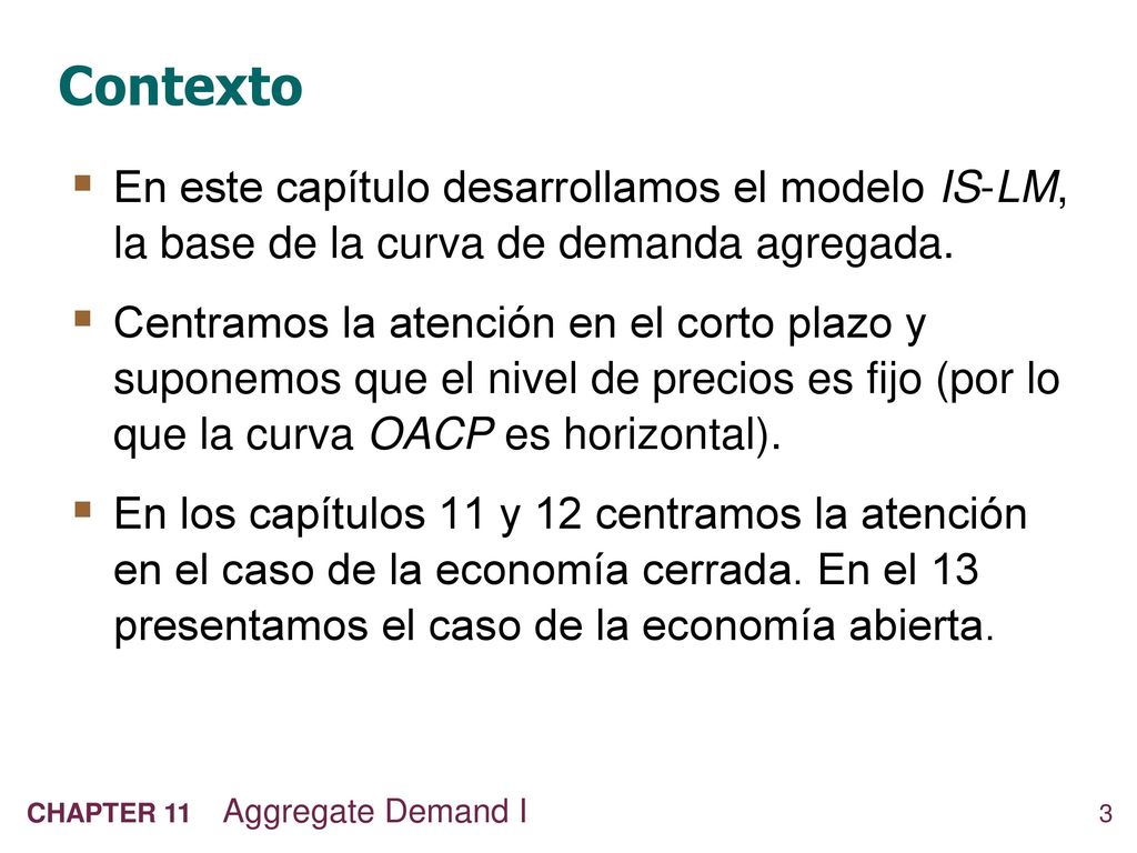 Contexto En este capítulo desarrollamos el modelo IS-LM, la base de la curva de demanda agregada.