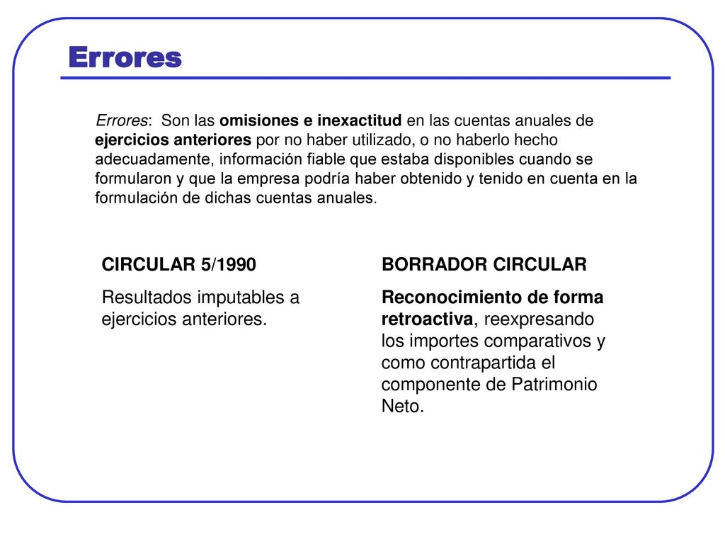 Errores CIRCULAR 5/1990 Resultados imputables a ejercicios anteriores.
