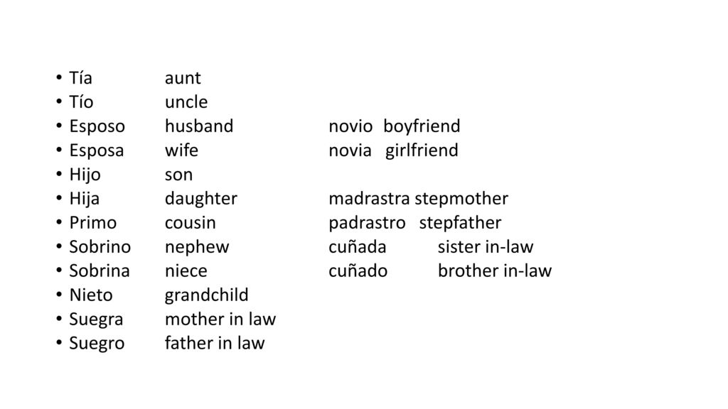 Tía aunt Tío uncle. Esposo husband novio boyfriend. Esposa wife novia girlfriend. Hijo son.
