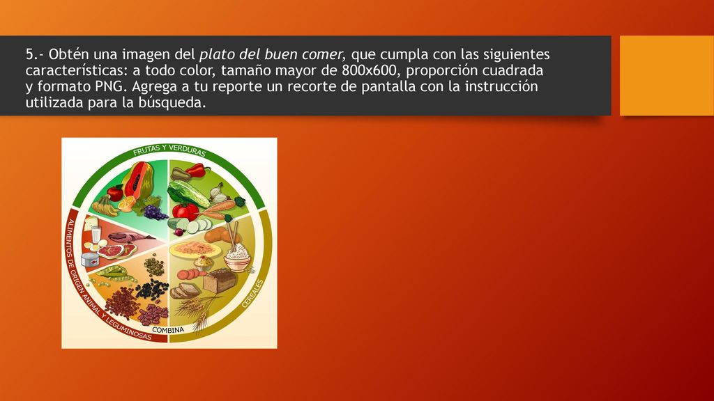 5.- Obtén una imagen del plato del buen comer, que cumpla con las siguientes características: a todo color, tamaño mayor de 800x600, proporción cuadrada y formato PNG.