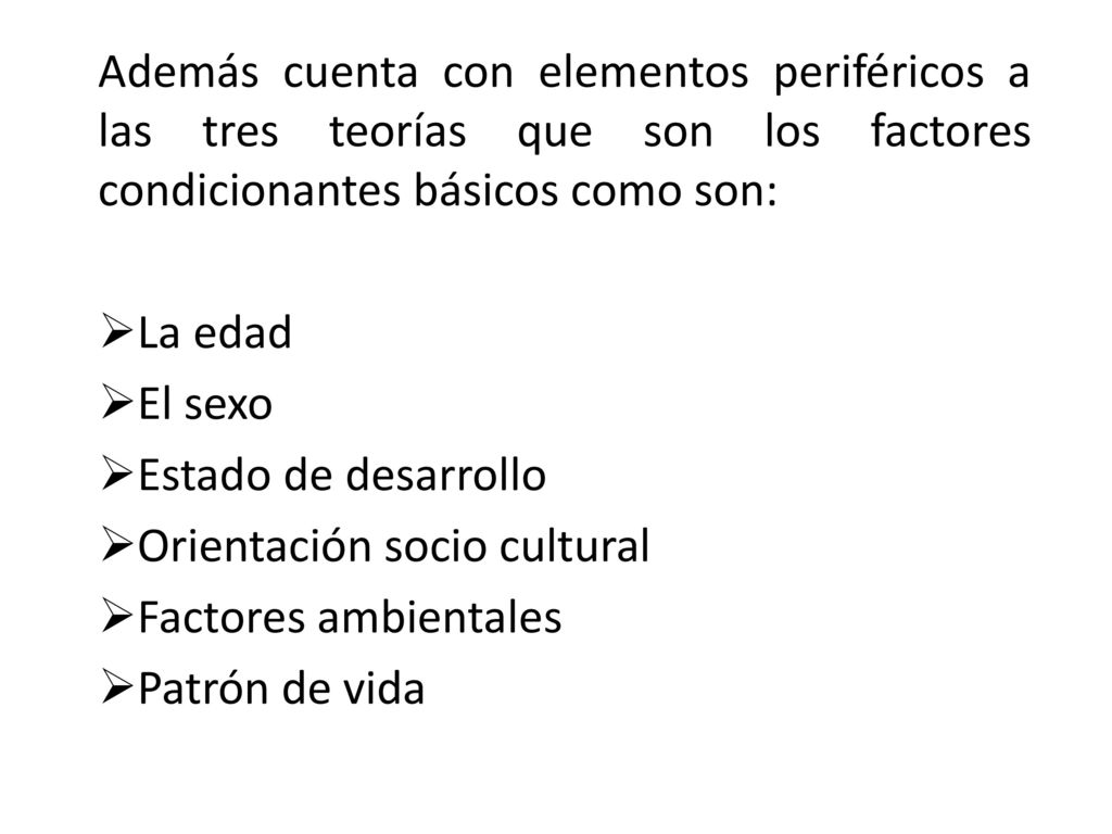 Además cuenta con elementos periféricos a las tres teorías que son los factores condicionantes básicos como son: