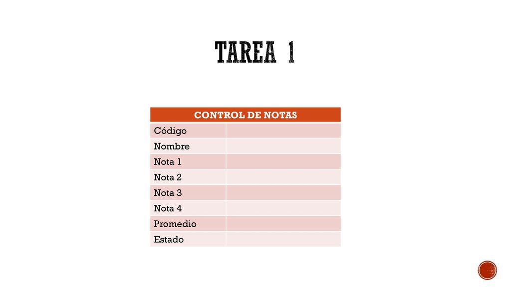 TAREA 1 CONTROL DE NOTAS Código Nombre Nota 1 Nota 2 Nota 3 Nota 4