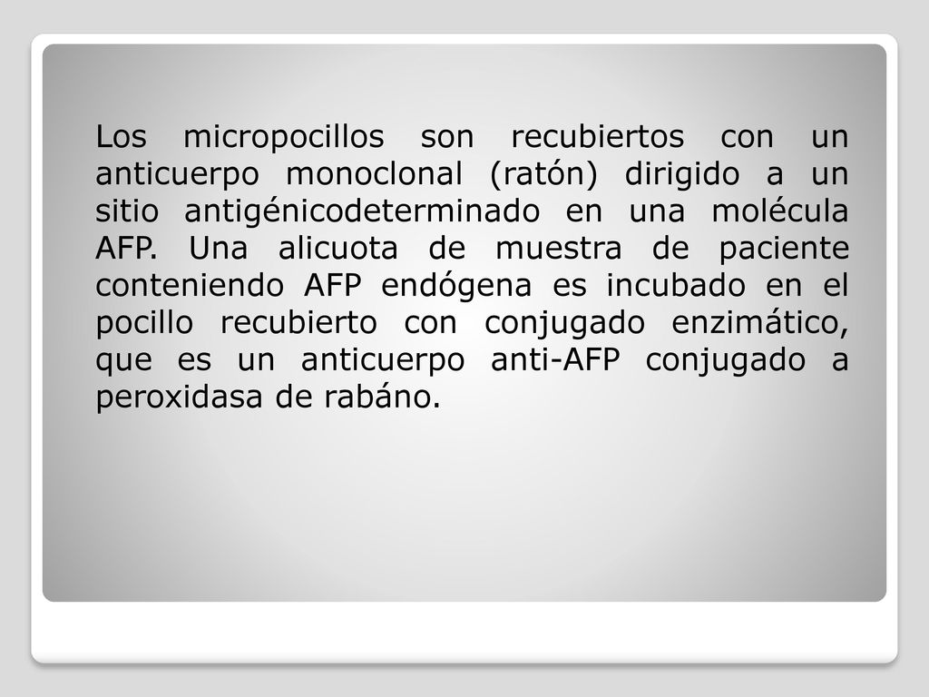 Los micropocillos son recubiertos con un anticuerpo monoclonal (ratón) dirigido a un sitio antigénicodeterminado en una molécula AFP.