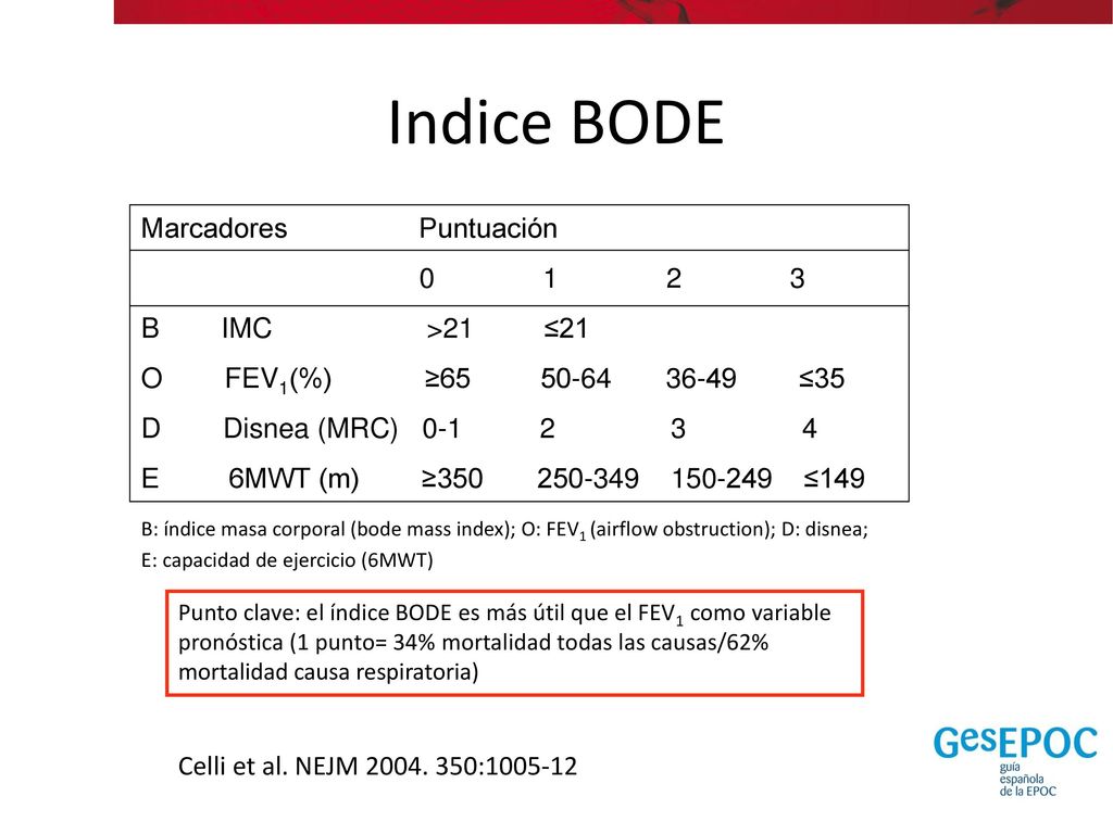 Indice BODE Marcadores Puntuación B IMC >21 ≤21