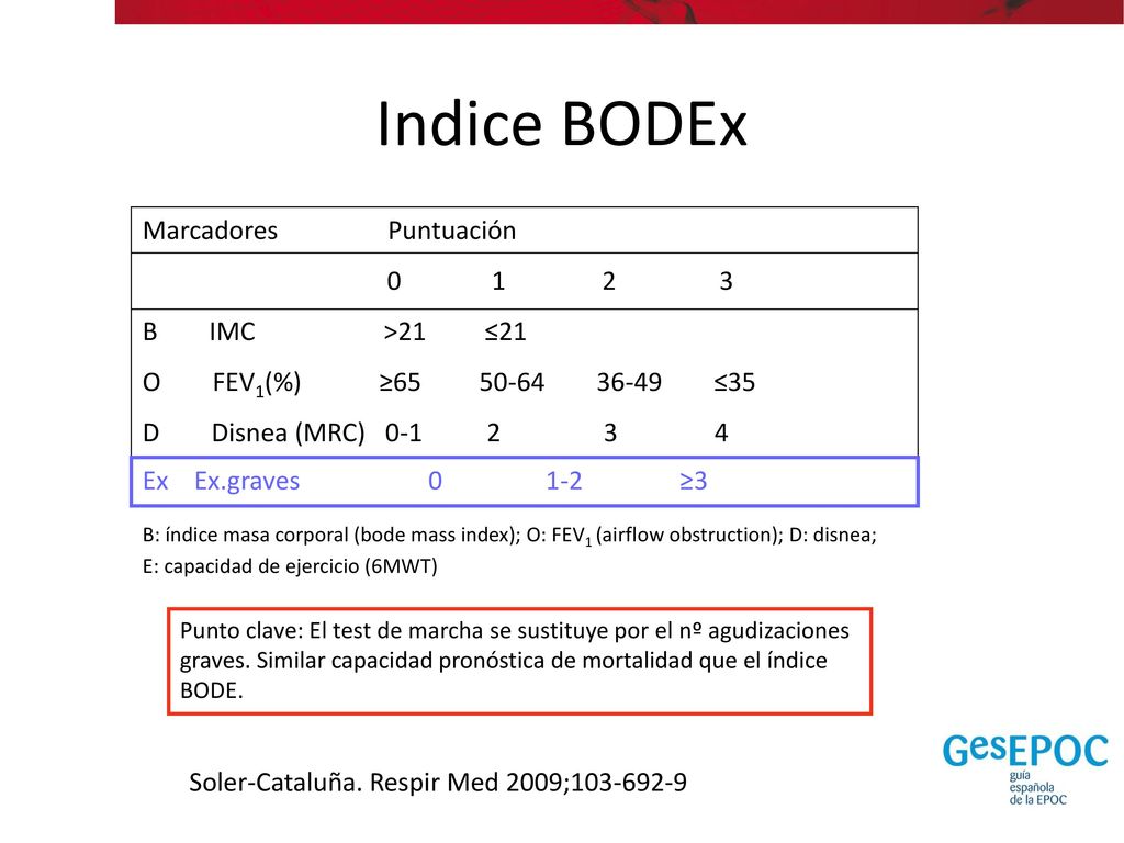 Indice BODEx Marcadores Puntuación B IMC >21 ≤21