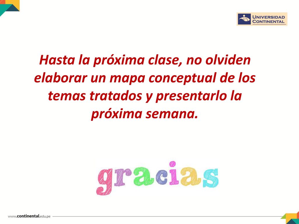 Hasta la próxima clase, no olviden elaborar un mapa conceptual de los temas tratados y presentarlo la próxima semana.