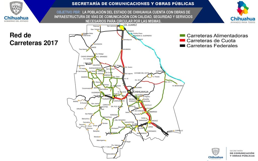 OBJETIVO PBR: LA POBLACIÓN DEL ESTADO DE CHIHUAHUA CUENTA CON OBRAS DE INFRAESTRUCTURA DE VÍAS DE COMUNICACIÓN CON CALIDAD, SEGURIDAD Y SERVICIOS NECESARIOS PARA CIRCULAR POR LAS MISMAS.