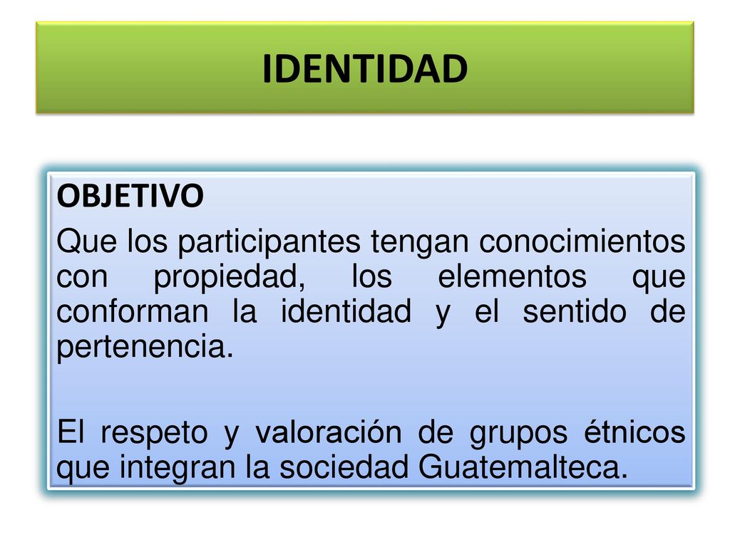 IDENTIDAD OBJETIVO. Que los participantes tengan conocimientos con propiedad, los elementos que conforman la identidad y el sentido de pertenencia.
