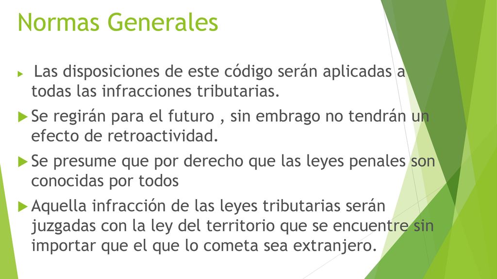 Normas Generales Las disposiciones de este código serán aplicadas a todas las infracciones tributarias.