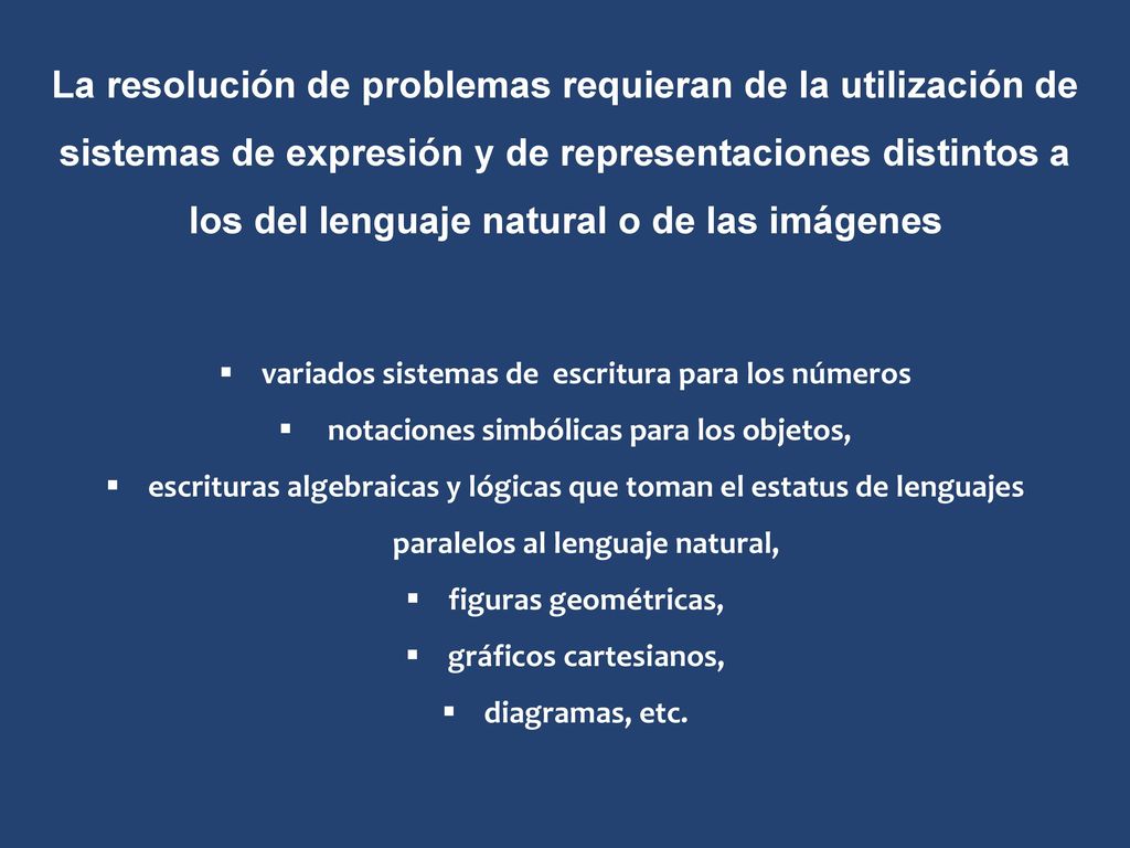 La resolución de problemas requieran de la utilización de sistemas de expresión y de representaciones distintos a los del lenguaje natural o de las imágenes