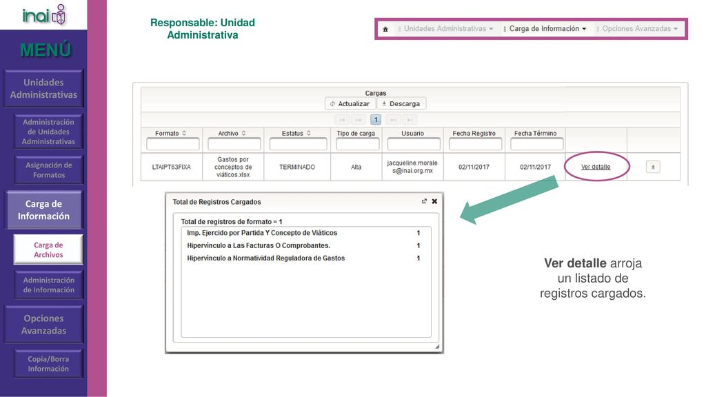 MENÚ Ver detalle arroja un listado de registros cargados.
