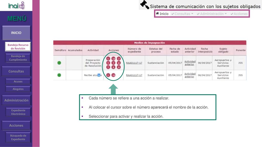 MENÚ INICIO Consultas Cada número se refiere a una acción a realizar.