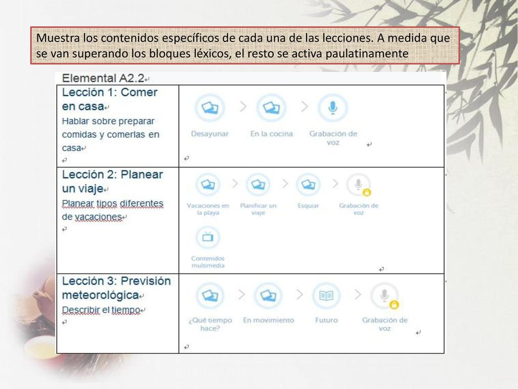 Muestra los contenidos específicos de cada una de las lecciones