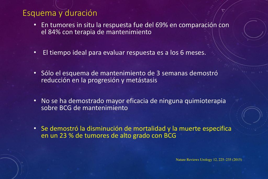 Esquema y duración En tumores in situ la respuesta fue del 69% en comparación con el 84% con terapia de mantenimiento.