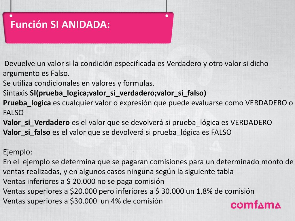 Función SI ANIDADA: Se utiliza condicionales en valores y formulas.