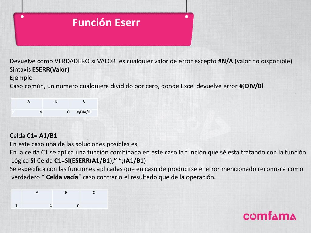 Función Eserr Devuelve como VERDADERO si VALOR es cualquier valor de error excepto #N/A (valor no disponible)