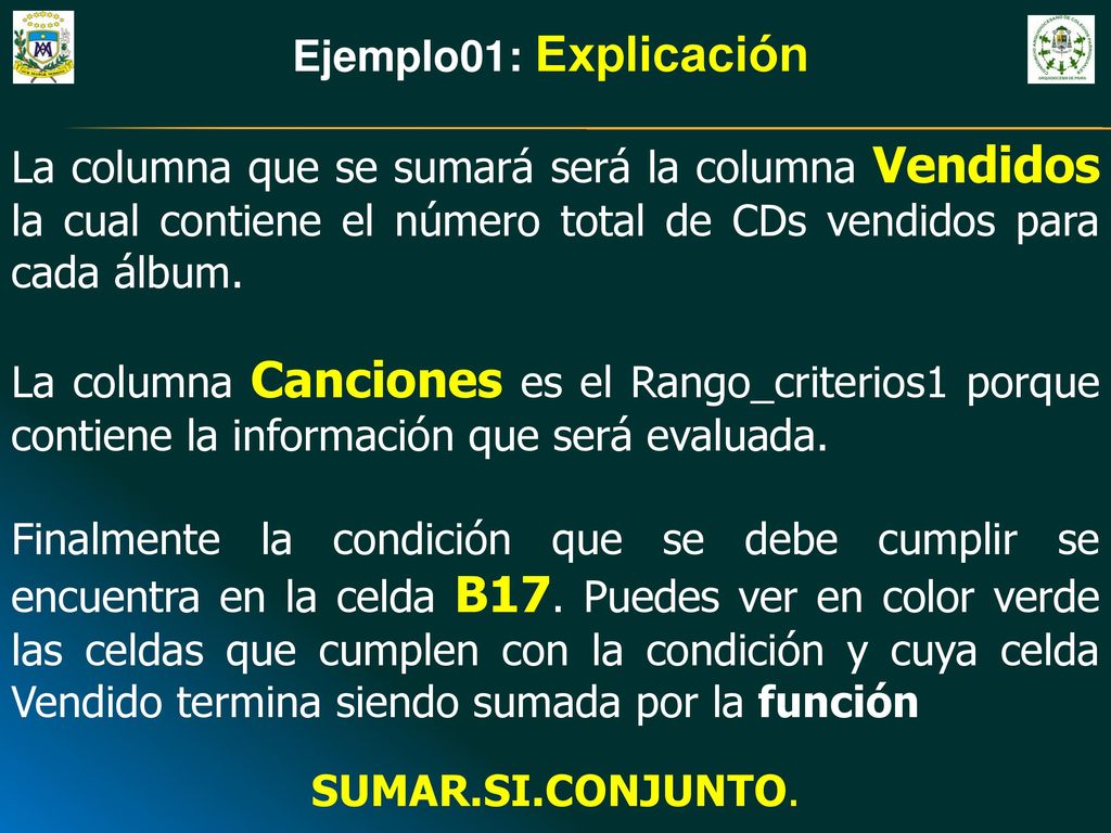 Ejemplo01: Explicación La columna que se sumará será la columna Vendidos la cual contiene el número total de CDs vendidos para cada álbum.