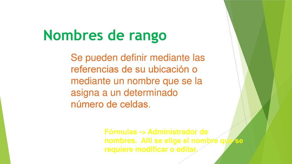 Nombres de rango Se pueden definir mediante las referencias de su ubicación o mediante un nombre que se la asigna a un determinado número de celdas.