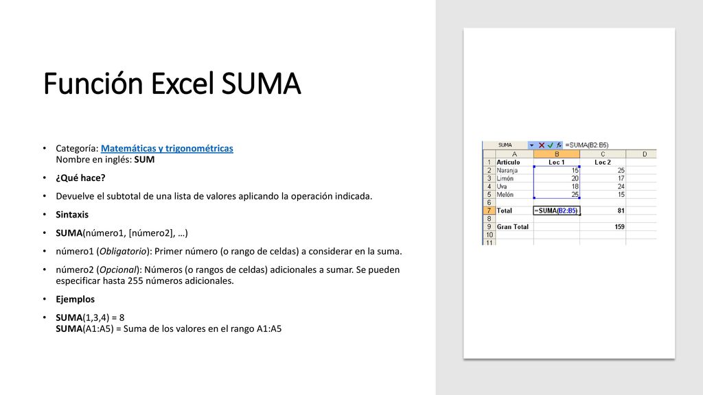 Función Excel SUMA Categoría: Matemáticas y trigonométricas Nombre en inglés: SUM. ¿Qué hace