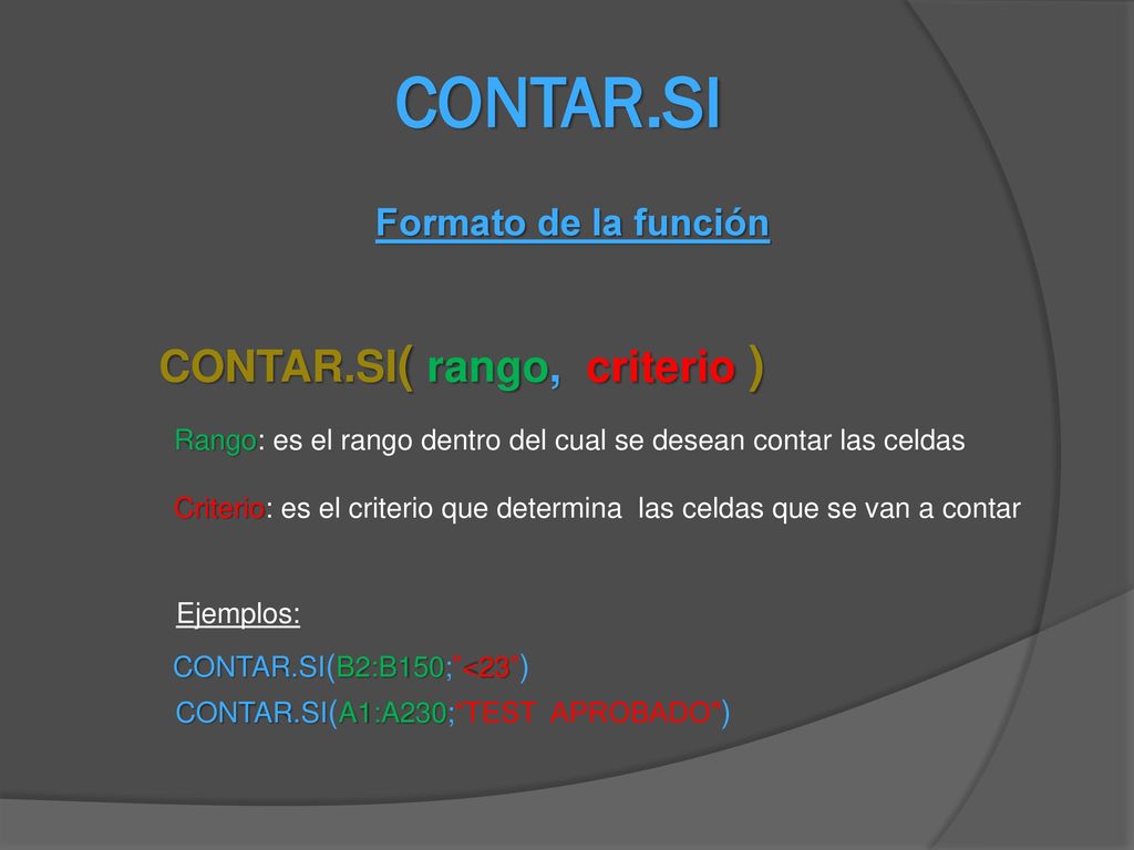 CONTAR.SI CONTAR.SI( rango, criterio ) Formato de la función