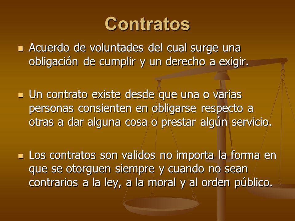 Contratos Acuerdo de voluntades del cual surge una obligación de cumplir y un derecho a exigir.