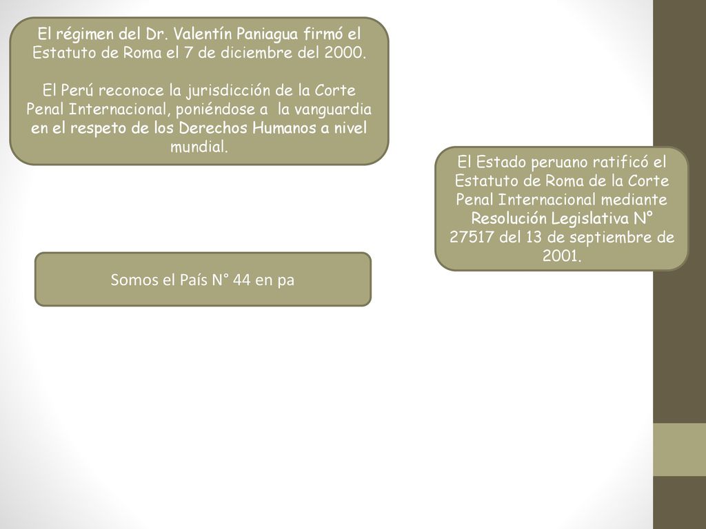 El régimen del Dr. Valentín Paniagua firmó el Estatuto de Roma el 7 de diciembre del 2000.