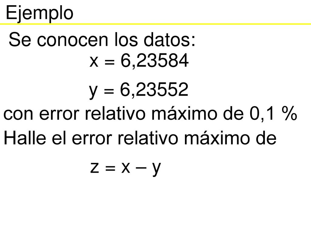 Ejemplo Se conocen los datos: x = 6, y = 6, con error relativo máximo de 0,1 % Halle el error relativo máximo de.