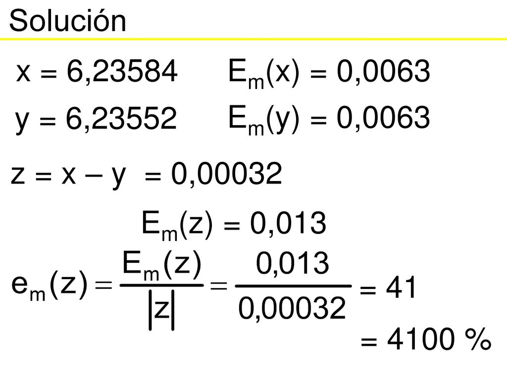 Solución x = 6, y = 6, Em(x) = 0,0063. Em(y) = 0,0063. z = x – y = 0, Em(z) = 0,013.