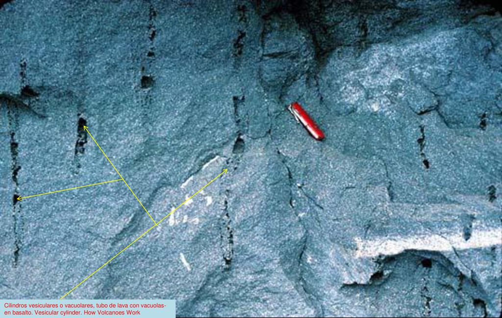 Cilindros vesiculares o vacuolares, tubo de lava con vacuolas- en basalto. Vesicular cylinder. How Volcanoes Work