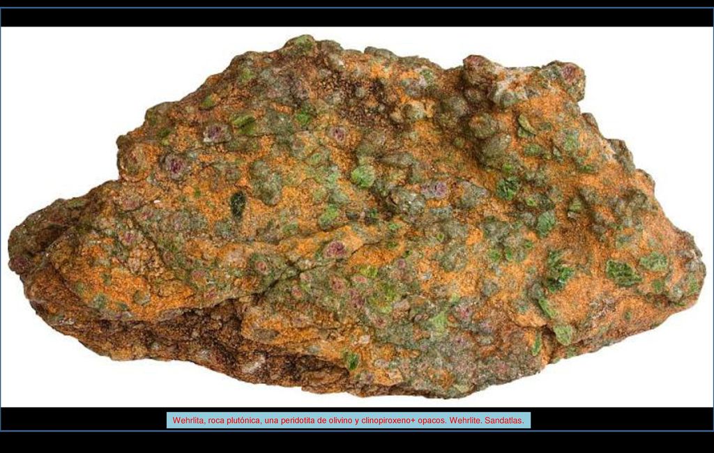 Wehrlita, roca plutónica, una peridotita de olivino y clinopiroxeno+ opacos. Wehrlite. Sandatlas.