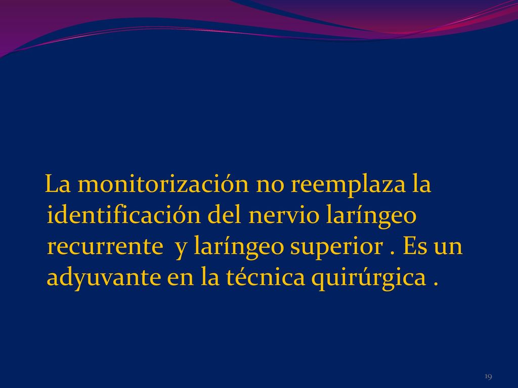 La monitorización no reemplaza la identificación del nervio laríngeo recurrente y laríngeo superior .