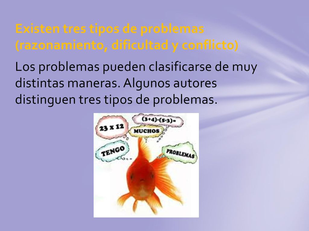 Existen tres tipos de problemas (razonamiento, dificultad y conflicto) Los problemas pueden clasificarse de muy distintas maneras.