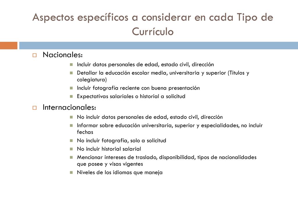 Aspectos específicos a considerar en cada Tipo de Currículo