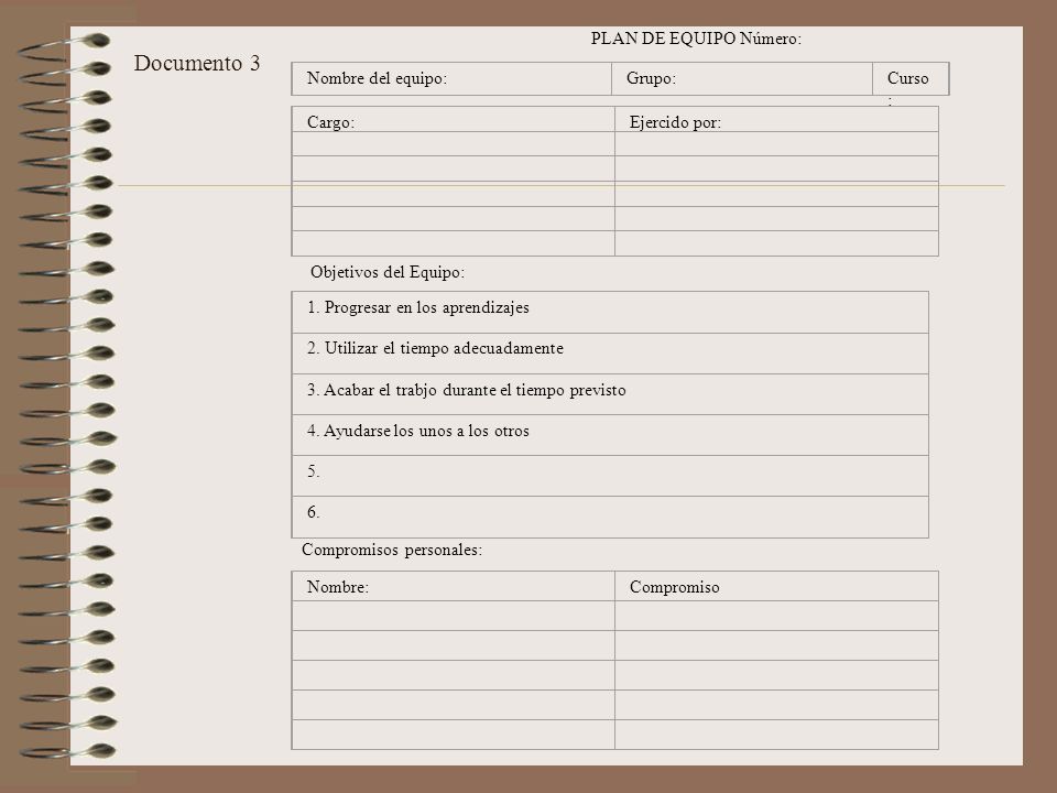 Documento 3 PLAN DE EQUIPO Número: Nombre del equipo: Grupo: Curso: