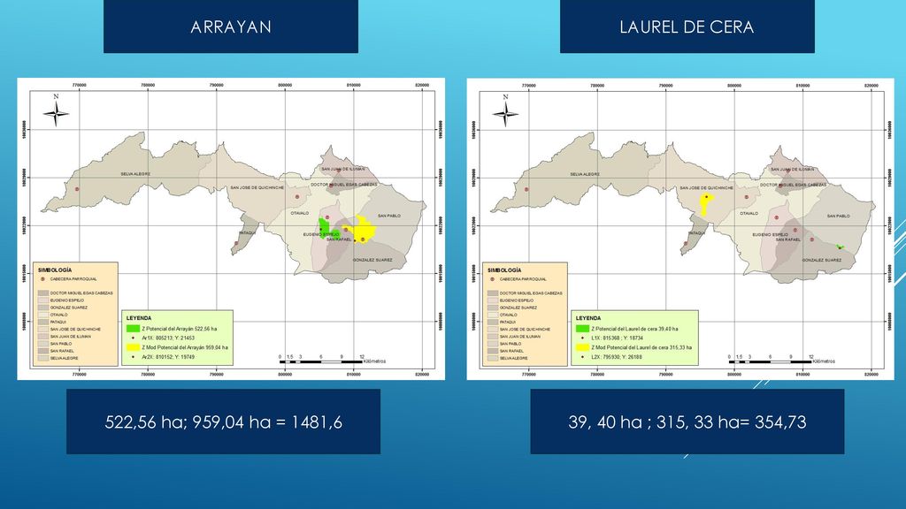ARRAYAN LAUREL DE CERA 522,56 ha; 959,04 ha = 1481,6 39, 40 ha ; 315, 33 ha= 354,73