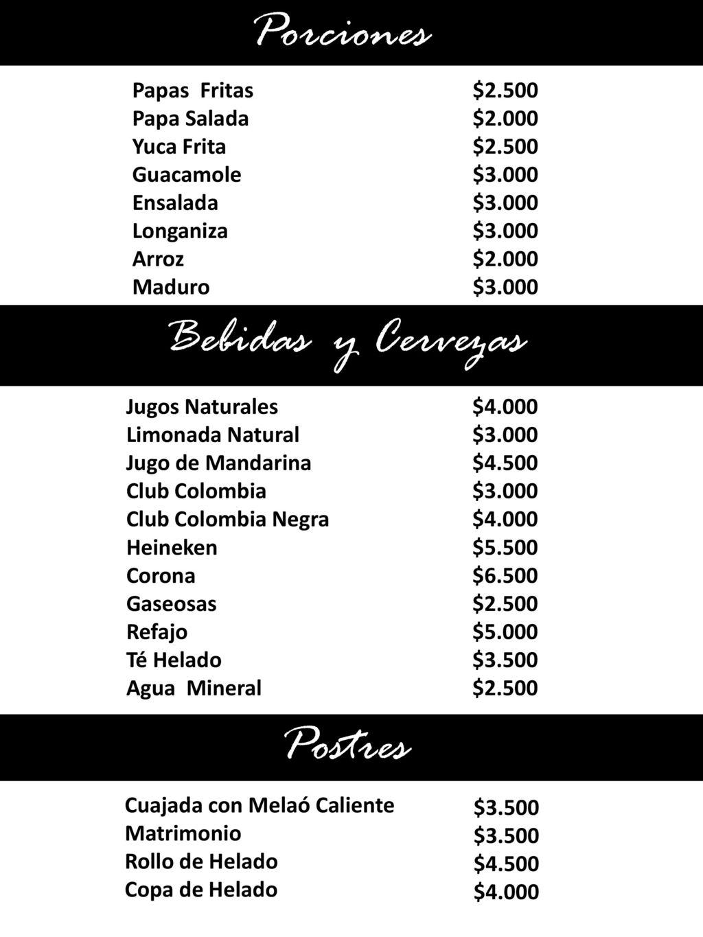 Porciones Bebidas y Cervezas Postres Papas Fritas Papa Salada