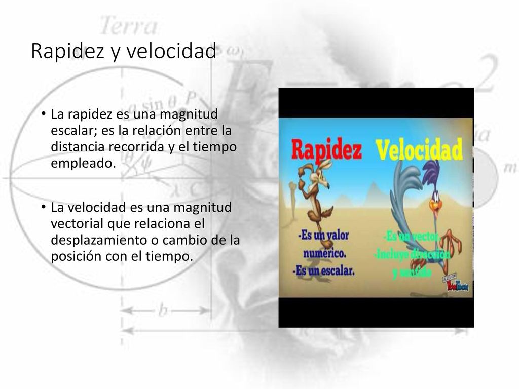 Rapidez y velocidad La rapidez es una magnitud escalar; es la relación entre la distancia recorrida y el tiempo empleado.