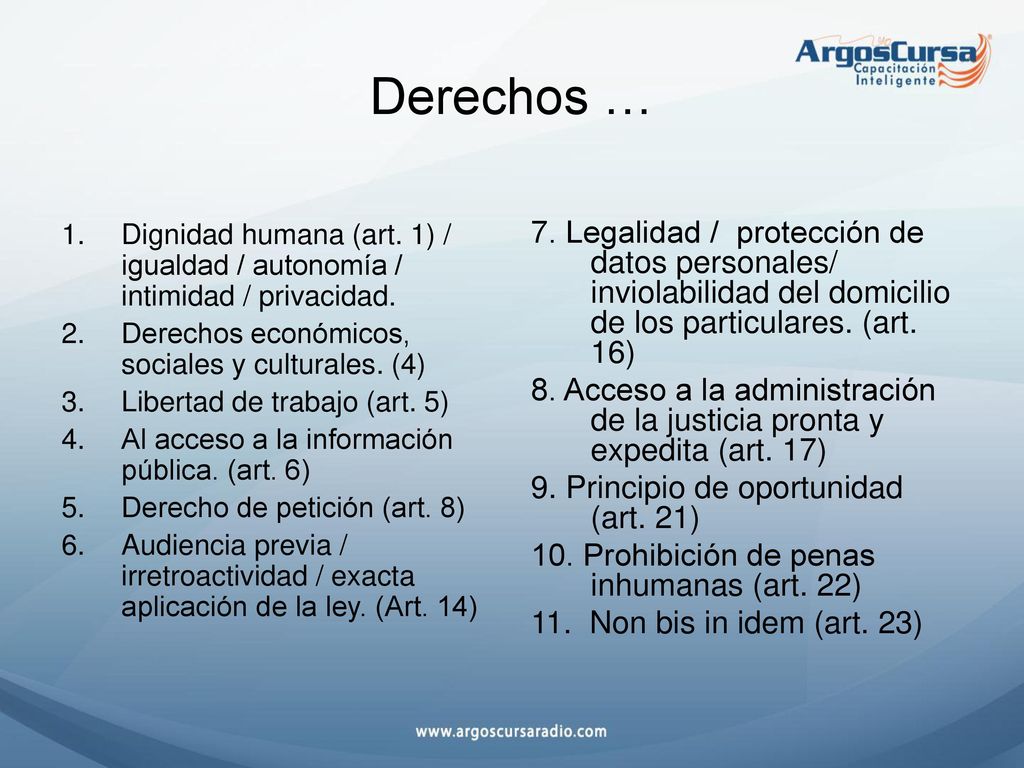 Derechos … Dignidad humana (art. 1) / igualdad / autonomía / intimidad / privacidad. Derechos económicos, sociales y culturales. (4)