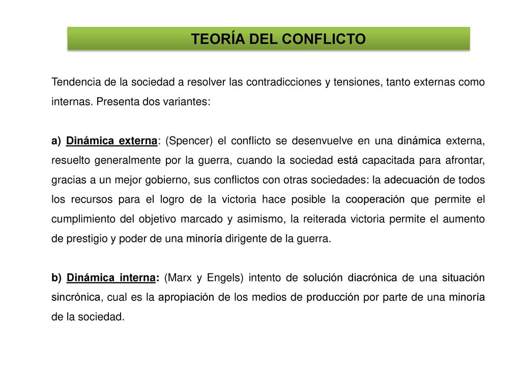 TEORÍA DEL CONFLICTO Tendencia de la sociedad a resolver las contradicciones y tensiones, tanto externas como internas. Presenta dos variantes:
