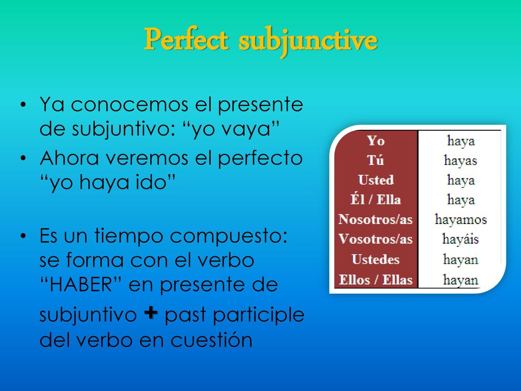 Perfect subjunctive Ya conocemos el presente de subjuntivo: yo vaya